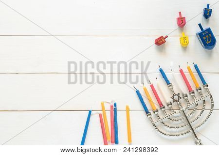 Hanukkah/ Chanukah Jewish Holiday Background With Menorah (judaism Candelabra) Burned Candles And Dr