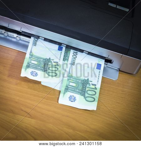 The Printer, The Lid Is Open. You See Money, Euro. There Is Vignetting