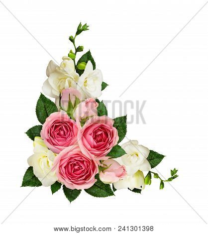Pink Roses And Freesia Flowers And Buds In A Corner Arrangement Isolated On White Background. Top Vi