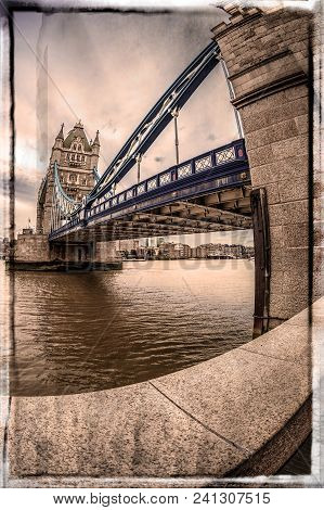 Old Photo In Fish Eye Lens View With Architecture From Tower Bridge And London Over River Thames. Bo