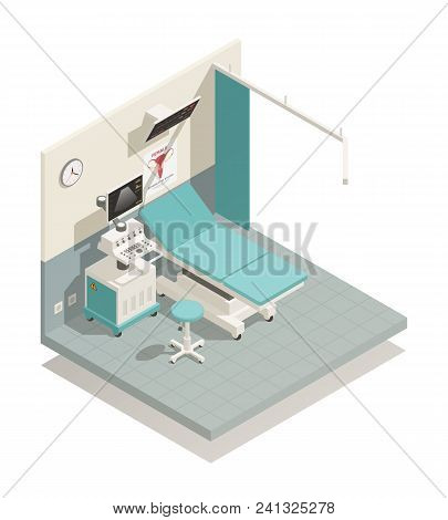 Isometric Composition With Equipment For Examination And Diagnostics In Gynecology Cabinet On White 