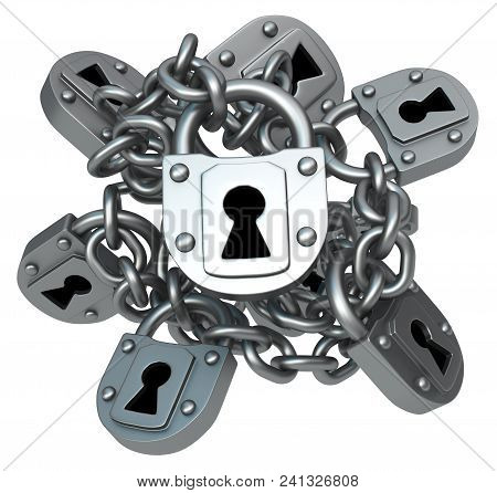 Locks Bunch Chain Metal, 3d Illustration, Horizontal, Isolated, Over White