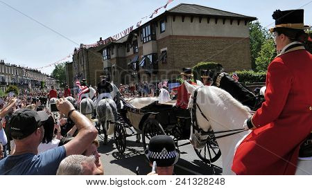 Windsor, England - May 19 2018: Prince Harry, Duke Of Sussex And Meghan, Duchess Of Sussex Leave Win