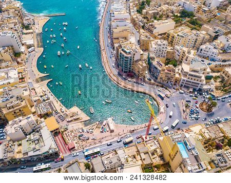 Beautiful Aerial View Of The Spinola Bay, St. Julians And Sliema Town On Malta.