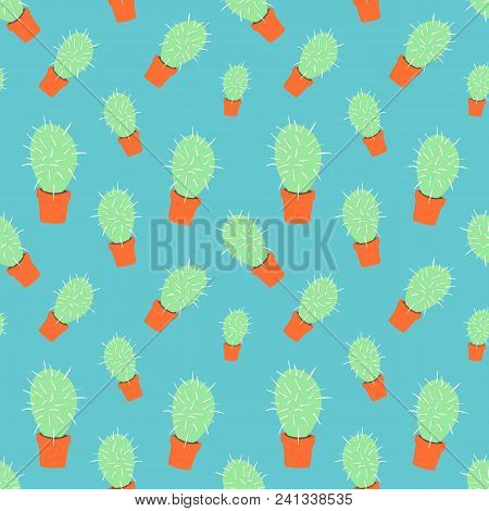 Home Blossom Green Cactus In Orange Pot In Doodle Style, Flat Cartoon Colors, Seamless Pattern Isola