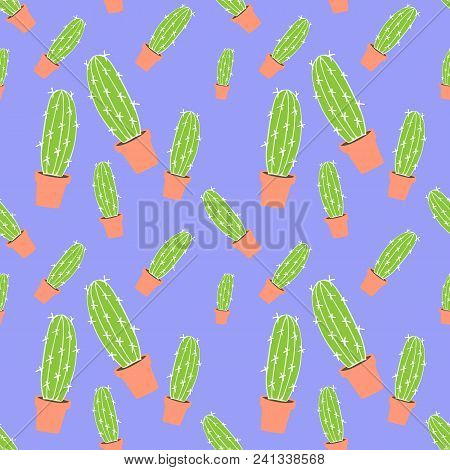 Home Blossom Green Cactus In Brown  Pot In Doodle Style, Flat Cartoon Colors, Seamless Pattern Isola
