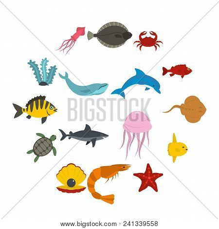 Sea Animals Icons Set In Flat Style Isolated Vector Illustration