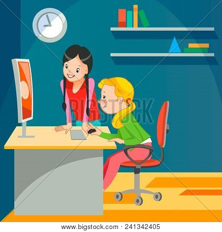 Girls C The Computer Vector Illustration Flat