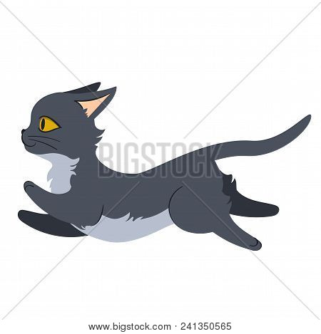 Grey Running Cat. Fflat Style Isolated Illustration On White Background. Editable Vector Graphics In