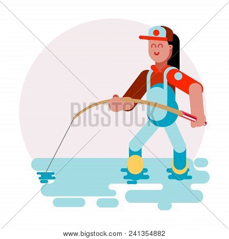 Woman Standing In Water And Caching A Fish. Vector Illustration, Eps 10