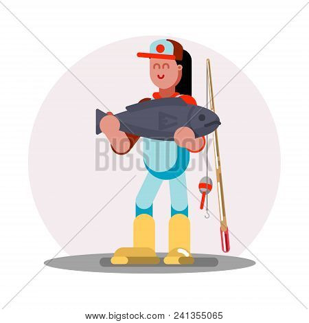 Woman Standing With Big Fish In Her Hands. Vector Illustration, Eps 10
