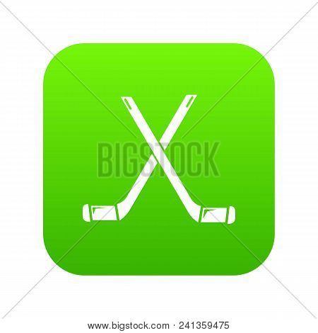 Two Crossed Hockey Sticks Icon Green Vector Isolated On White Background