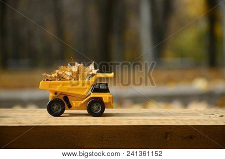 The Concept Of Seasonal Harvesting Of Autumn Fallen Leaves Is Depicted In The Form Of A Toy Yellow T