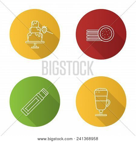 Condectionery Flat Linear Long Shadow Icons Set. Chocolate Fountain, Sandwich Cookies, Chewing Gum S