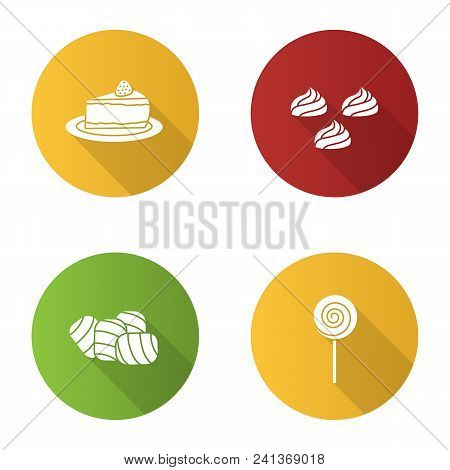 Condectionery Flat Design Long Shadow Glyph Icons Set. Coffee House Menu. Cheesecake, Meringues, Mar