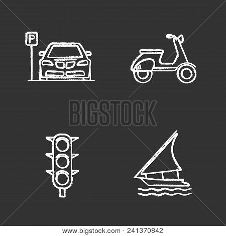 Public Transport Chalk Icons Set. Modes Of Transport. Parking Zone, Scooter, Traffic Light, Sailing 