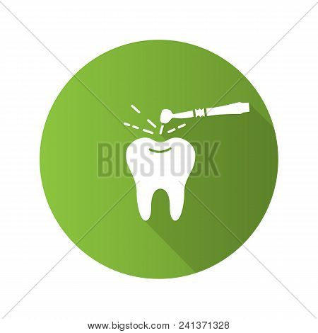 Tooth Drilling Process Flat Design Long Shadow Glyph Icon. Dentistry. Dental Handpiece. Vector Silho