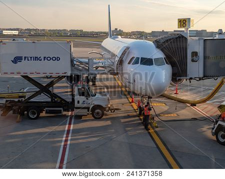 New York, Ny - May 11, 2018: Jetblue Airliner Replenishing With Supplies And Fuel At Jfk Airport