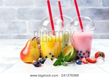 Refreshing Homemade Iced Milky Bubble Tea With Tapioca Pearls. Fruit And Berry Bubble Tea Variety. R