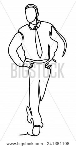 Confident Handsome Man In Shirt And Tie Standing Against White Background. Continuous Line Drawing. 