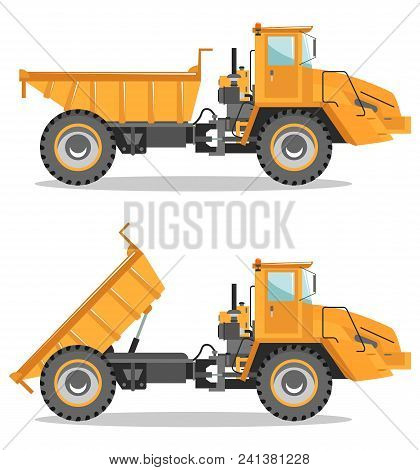 Detailed Illustration Of Mining Truck. Off-highway Truck With Different Body Position. Heavy Mining 
