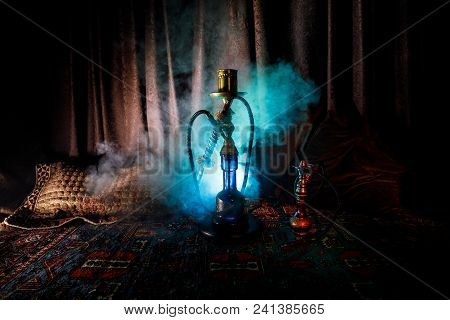 Hookah Hot Coals On Shisha Bowl Making Clouds Of Steam At Arabian Interior. Oriental Ornament On The