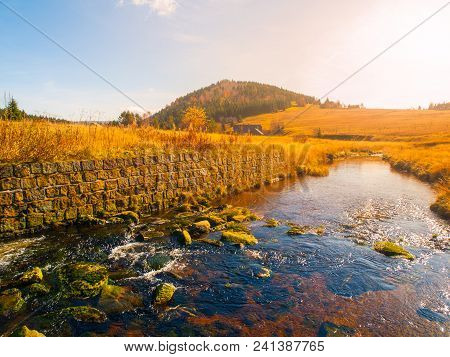 Summer Landscape With Creek In Jizerka Village. Bukovec Mountain On The Backgroud. Czech Republic.