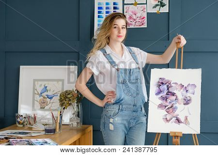 Art Hobby Creativity. Floral Design. Drawing Of A Purple Flowers And Petals. Watercolor Picture. Pro