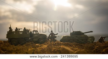 War Concept. Military Silhouettes Fighting Scene On War Fog Sky Background, World War Soldiers Silho