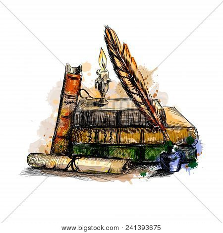 Stack Of Books, Paper, Scroll, Diploma, Quill Pen And Candle In A Candlestick From A Splash Of Water