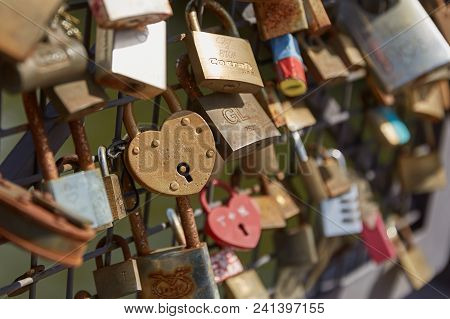 Helsinki, Finland - July 10, 2017: Lovelocks Attached To A Bridge Of Love Railing In Central Helsink