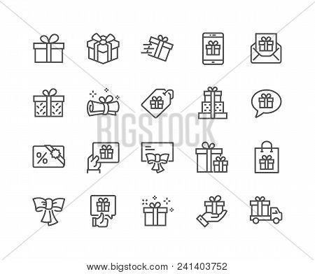 Simple Set Of Gifts Related Vector Line Icons. Contains Such Icons As Gift Card, Present Offer, Ribb