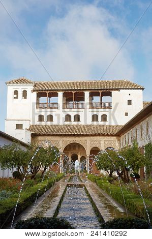 View Of The Patio De La Acequia In The Palacio Del Generalife, Part Of The La Alhambra Complex In Gr