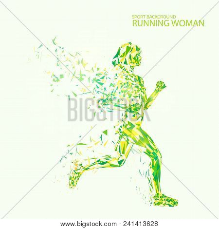 Abstract Fitness Background. Cover Template. Low Poly  Jogging Girl With Wings Of Triangular Particl