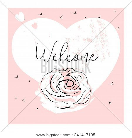 Romantic Border Design With Hand Drawn Abstract Doodle Rose Flower On Pastel Blush Pink Heart Shape 