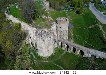 The Top View On Gate Towers Of Koporye Fortress. Leningrad Region. Russia (aerial Photograph)