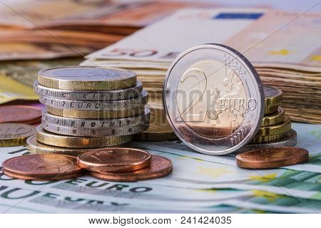 Euro Coins. Euro Money. Euro Cash Background. Euro Money Banknotes.
