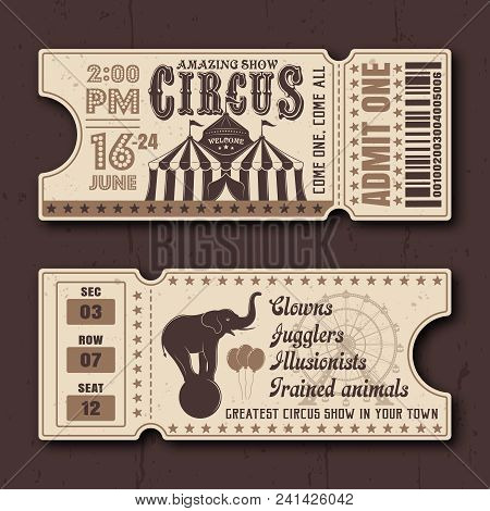 Circus Show Horizontal Tickets Front And Back Side Vector Templates In Vintage Style With Sample Tex