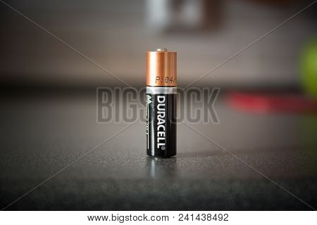 Yoshkar-ola, Russia - May 19, 2018 A Close-up Of A Duracell Aa Battery Over A Plain White Background