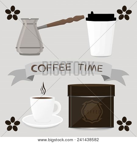 Vector Illustration Logo For White Ceramic Cup Of Hot Coffee On Saucer, Turkish Pot Cezve With Handl