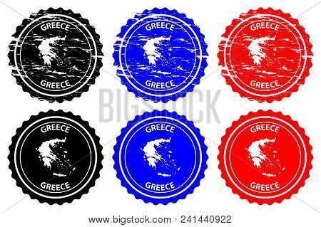 Greece - Rubber Stamp - Vector, Hellenic Republic (hellas) Map Pattern - Sticker - Black, Blue And R