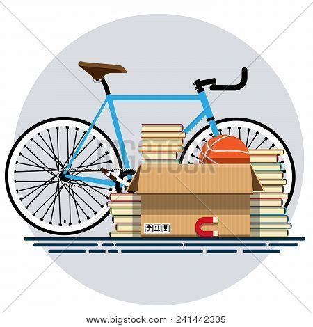 Illustration Of A Cardboard Box With Old Things In A Flat Style. Box With Old Stuff Vector. Bicycle,