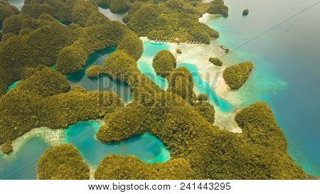 Aerial View: Bucas Grande Island, Sohoton Cove. Philippines. Tropical Sea Bay And Lagoon, Beach. Tro