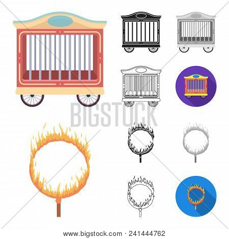 Circus And Attributes Cartoon, Black, Flat, Monochrome, Outline Icons In Set Collection For Design. 