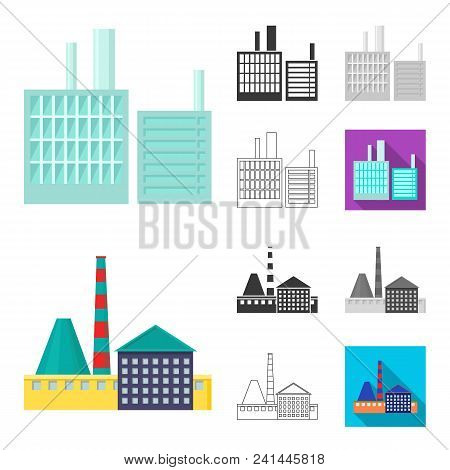 Factory And Facilities Cartoon, Black, Flat, Monochrome, Outline Icons In Set Collection For Design.