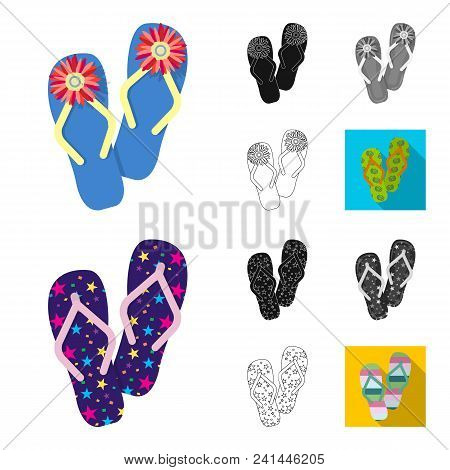 Flip-flops Cartoon, Black, Flat, Monochrome, Outline Icons In Set Collection For Design. Beach Shoes