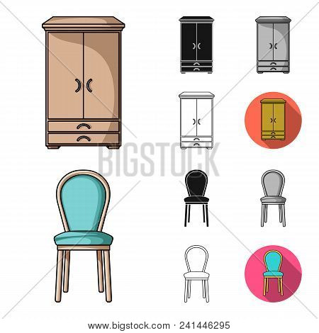 Furniture And Interior Cartoon, Black, Flat, Monochrome, Outline Icons In Set Collection For Design.