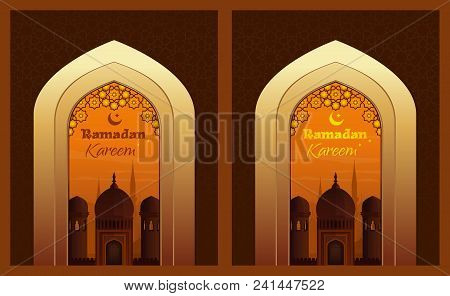 Collection Of Greeting Cards For Ramadan. Islamic Design With Mosque And Traditional Islamic Greetin
