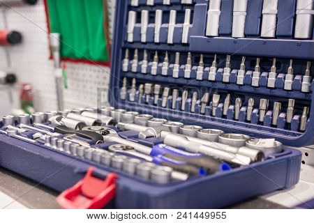 Set Of Tools For Car Repair In Box, Top Viewa Set Of Wrenches In A Plastic Box. A Set For Car Repair