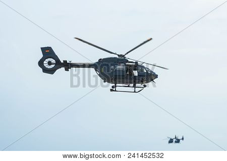 Berlin, Germany - April 26, 2018: Demonstration Flight Of Of The Utility Helicopter Airbus Helicopte